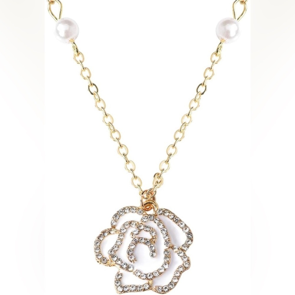 Beautiful Dainty Alloy Plated Rose Camellia Pearl Adjustable Necklace